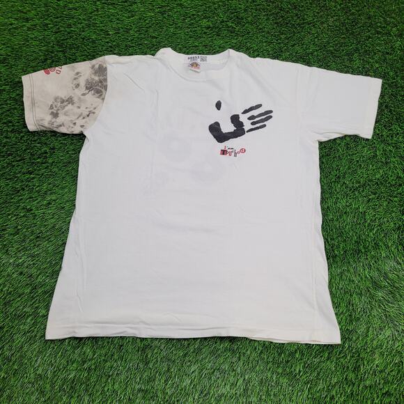 Vintage Bye-Bye "The Touch System" Asymmetrical Sleeve Handprint T-Shirt L/XL - Picture 1 of 15